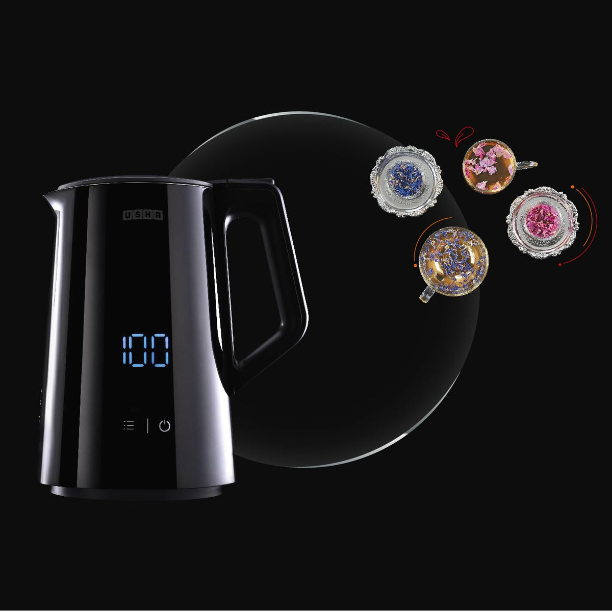 Usha ICHEF Programmable Kettle 2000 Watt| 1.5L | Digital LED Display & Touch control | Double wall for protection from hot exterior| 4 Pre-set modes| Safety with auto cut off | 2 Years Warranty(Black)