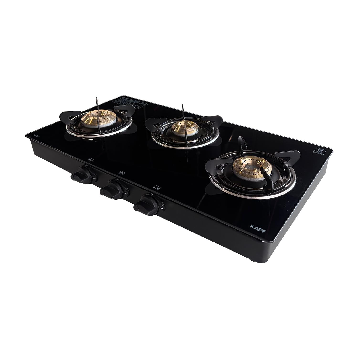 KAFF Cooktop | 3 Burners with Slim Line Design 71 CM | High Efficiency Brass Burners, Black Tempered Glass | Matt Enamelled Pan Support | Black | CTRJ71-3B