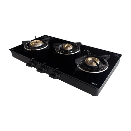 KAFF Cooktop | 3 Burners with Slim Line Design 71 CM | High Efficiency Brass Burners, Black Tempered Glass | Matt Enamelled Pan Support | Black | CTRJ71-3B