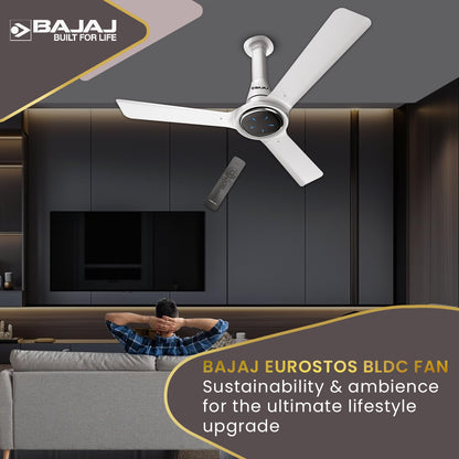 Bajaj Eurostos 1200 MM 5 Star Rated BLDC Ceiling Fans For Home | BEE Stars Rated Energy Efficient Ceiling Fan | Remote Controlled | Soothing Colour Indication | 2 Years Warranty 【White】