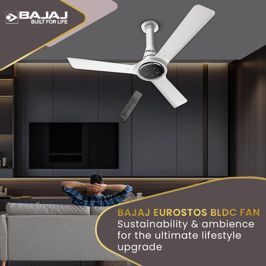 Bajaj Eurostos 1200 MM 5 Star Rated BLDC Ceiling Fans For Home | BEE Stars Rated Energy Efficient Ceiling Fan | Remote Controlled | Soothing Colour Indication | 2 Years Warranty 【White】