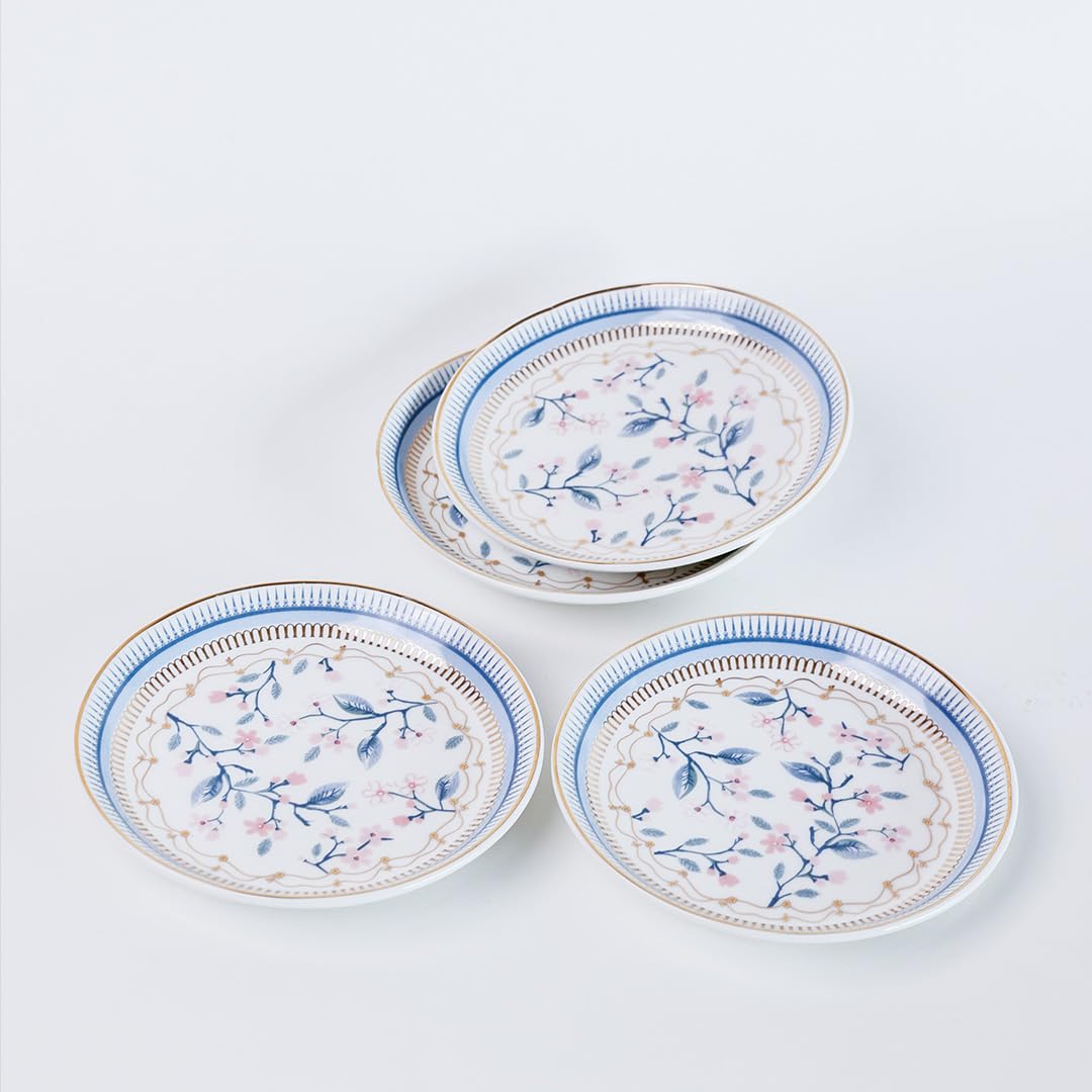 Magique by The Wishing Chair x ClayCraft : River of Flowers Ceramic Plates Set of 4 | 6 Inches | Snack Plates | Elegant Lightweight Small Ceramic Plates for Appetizers & Desserts | Dishwasher Safe