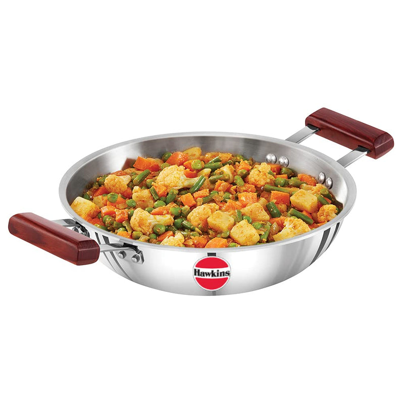 Hawkins 1.5 Litre Deep Fry Pan, Triply Stainless Steel Kadai, Flat Bottom Induction Kadhai, Small Kadai, Silver (SSD15)