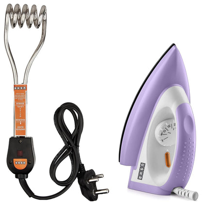 Usha Armor 1100W Dry Iron with Shockproof Plastic Body, Black Soleplate, Overheat Safety, 180° Swivel Cord, Purple White and Usha IH2415 1500W Immersion Heater, Copper, Silver