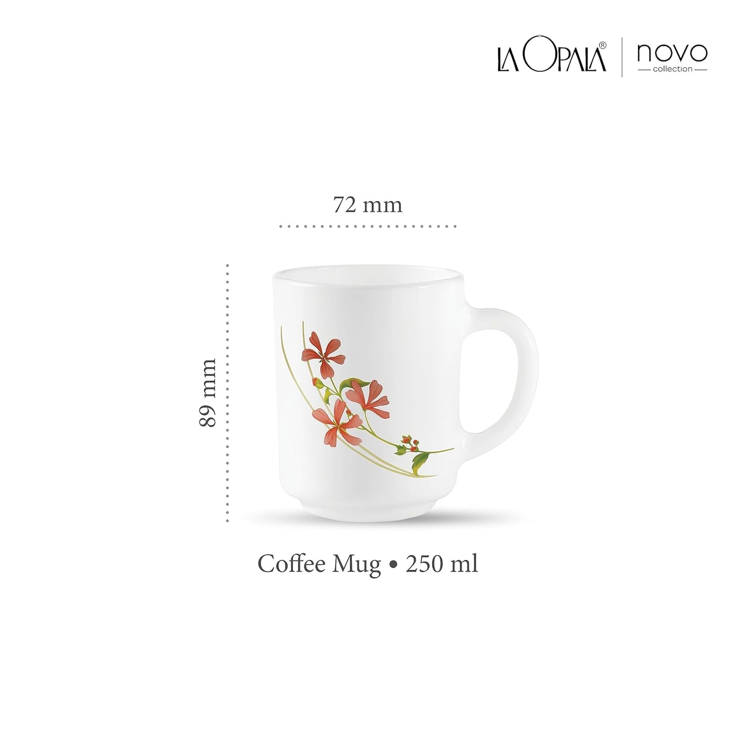 La Opala, Novo Collection Opal Glass Crockery | Coffee Mug Grace Medium, Set of 6 | Coral Charm, 250 ml | for Tea & Coffee | Microwave Safe | 100% Vegetarian | Extra Strong | Super Light & White