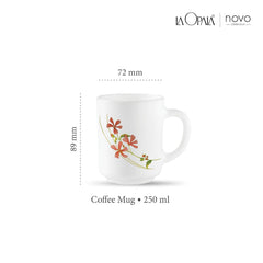 La Opala, Novo Collection Opal Glass Crockery | Coffee Mug Grace Medium, Set of 6 | Coral Charm, 250 ml | for Tea & Coffee | Microwave Safe | 100% Vegetarian | Extra Strong | Super Light & White