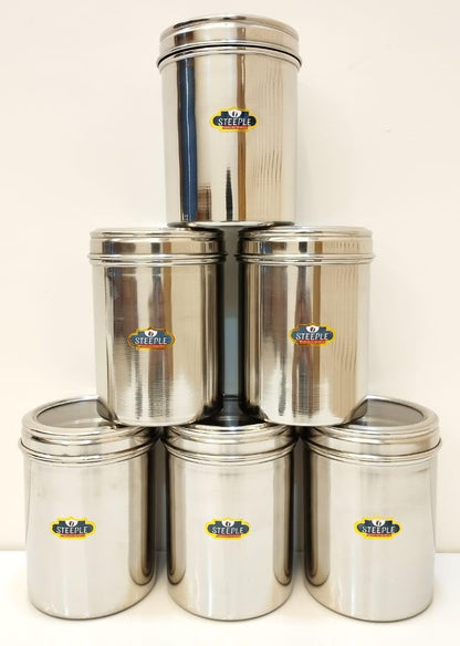 STEEPLE 1 Litre Stainless Steel Containers for kitchen with See Through Lid | Ubha Dabba | Vertical Canisters, Silver Pack Of 6