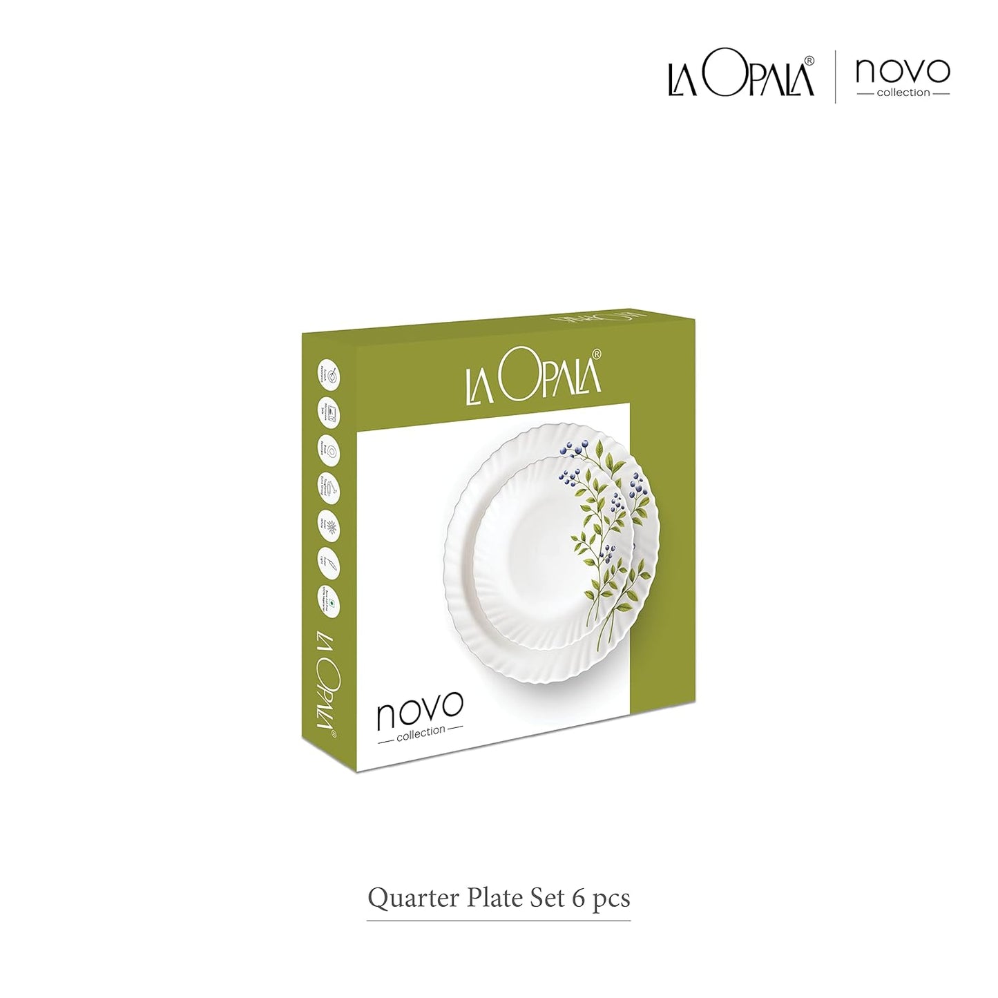 La Opala Novo Collection Opal Glass Crockery | Quarter Plate Set of 6 | Tender Trio Design | Plates for Snacking & Gifting | Microwave Safe | 100% Vegetarian | Extra Strong | Super Light & White