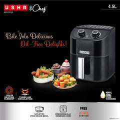 USHA Ichef Air Fryer 4.5L, 10 In 1 Functions: Air Frying, Baking, Roasting, Grilling, Thawing, Slow, Toasting And Air Drying |Turbo Air Circulation|Oil Free Cooking (Black), 1350 Watts