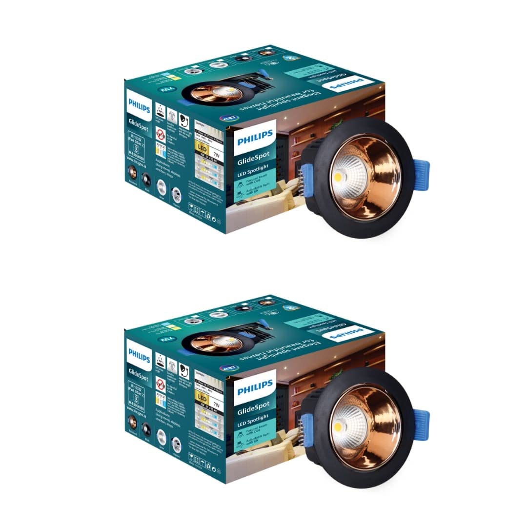 Philips 7 Watt Rose Gold Reflector LED Ceiling COB Round Spot Light with Adjustable Tilt (Pack of 2) (Natural White, B0BZS3695B)