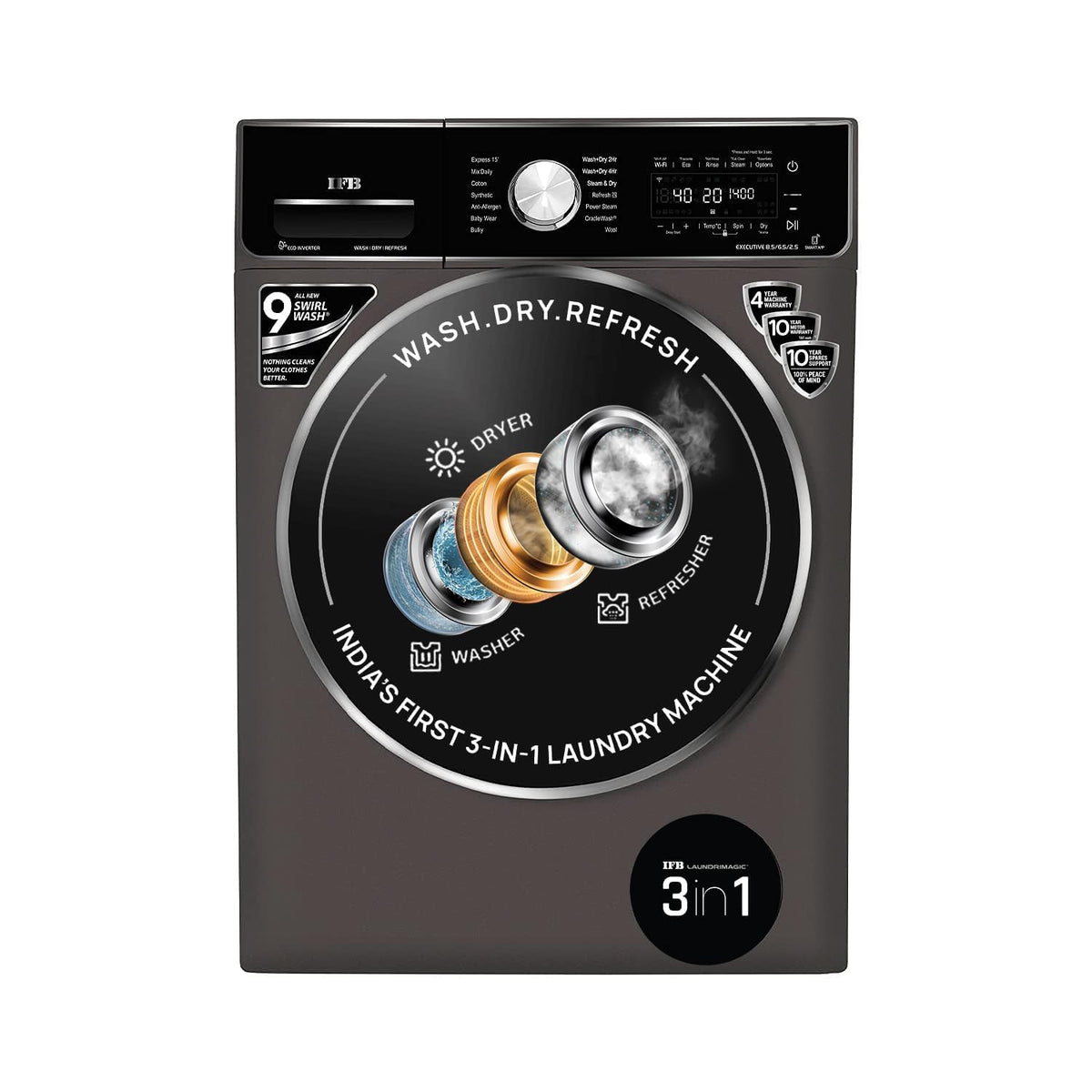 IFB 8.5 Kg / 6.5 Kg / 2.5 Kg Front Load 5 Star 3-In-1, AI Powered, Fully Automatic Washer Dryer Refresh (2023 Model, Lau