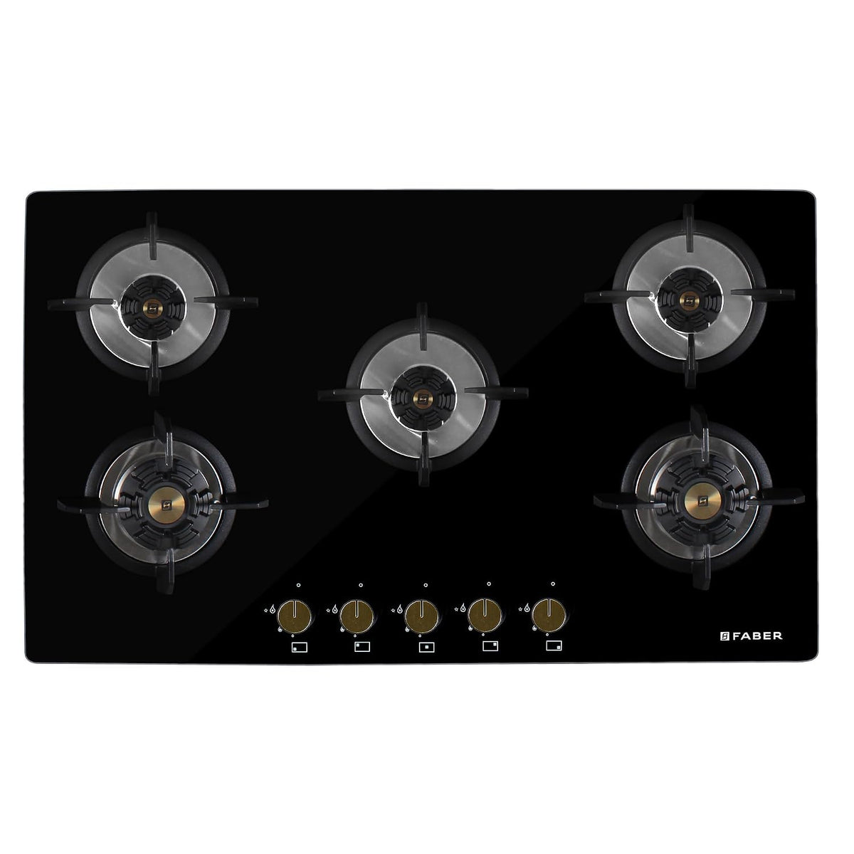 Faber Hob/Hobtop 4 Brass Burner Auto Electric Ignition Glass Top (Maxus HT784 CRS BR CI AI) Black, Glass and Mild Steel
