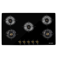 Faber Hob/Hobtop 4 Brass Burner Auto Electric Ignition Glass Top (Maxus HT784 CRS BR CI AI) Black, Glass and Mild Steel