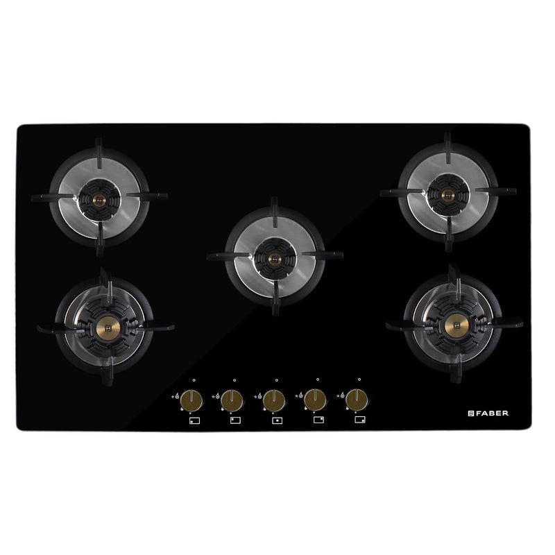 Faber Hob/Hobtop 4 Brass Burner Auto Electric Ignition Glass Top (Maxus HT784 CRS BR CI AI) Black, Glass and Mild Steel