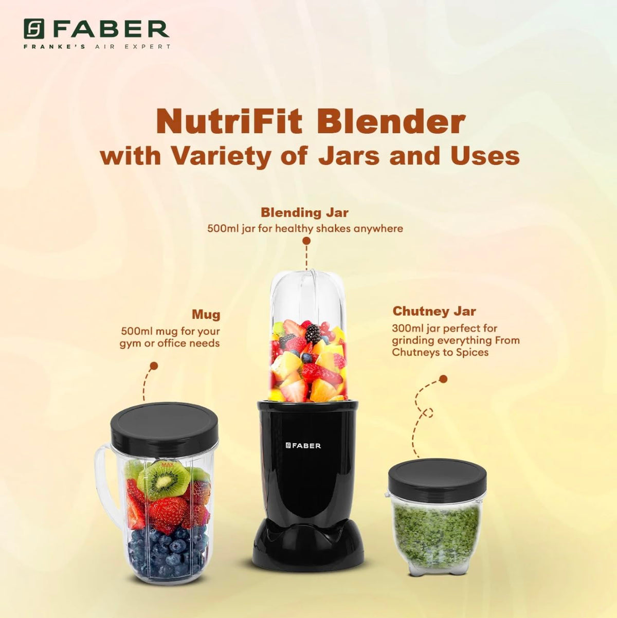 Faber 550W Sportz Blender FSB 3-in-1 Nutrifit Nero|Mixer Grinder Blender|100% Copper Motor|Detachable SS Blade|3 PC Jar 
