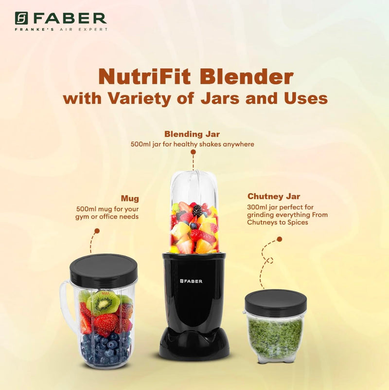 Faber 550W Sportz Blender FSB 3-in-1 Nutrifit Nero|Mixer Grinder Blender|100% Copper Motor|Detachable SS Blade|3 PC Jar 