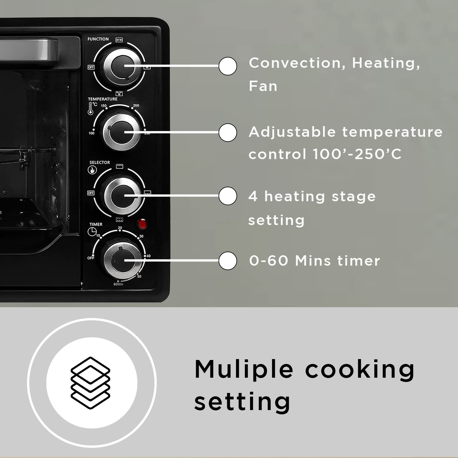 Faber 60L 2200W OTG | Bake, Toast, Roast, Grill | 4 Heating Functions, Upper & Lower Heating, Rottisserie, 360° Convection| Indicator Light, Auto Shut-Off, Ready Bell | Removable Crumb Tray | (Black)