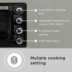 Faber 60L 2200W OTG | Bake, Toast, Roast, Grill | 4 Heating Functions, Upper & Lower Heating, Rottisserie, 360° Convection| Indicator Light, Auto Shut-Off, Ready Bell | Removable Crumb Tray | (Black)