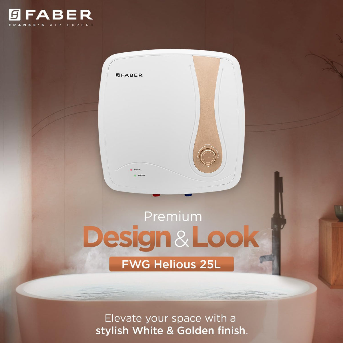 Faber Helios 25L Storage Water Heater | 5★ BEE | Auto Cutout | Warranty:5Y Tank,2Y Element & Product|8 Bar| Glassline Co