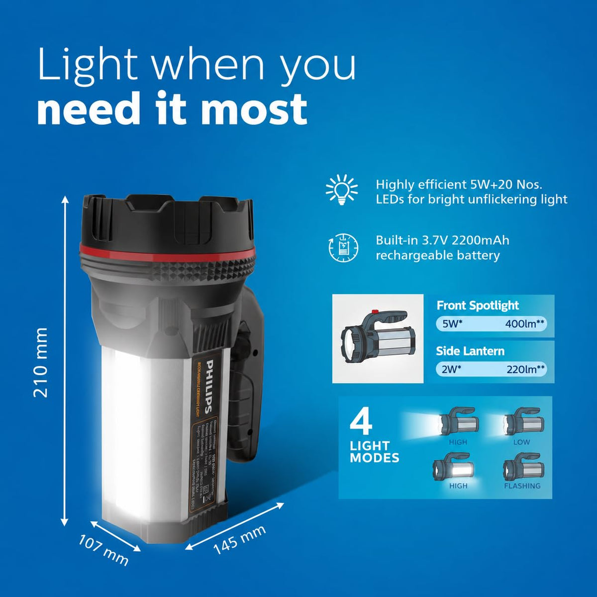 PHILIPS 5W Blaze Multicolor-Functional Emergency Rechargeable Led Light and Lantern| 4 Lighting Modes | 3000 Mah Battery with Up to 4 Hrs, 400 Lumen, Pack of 1