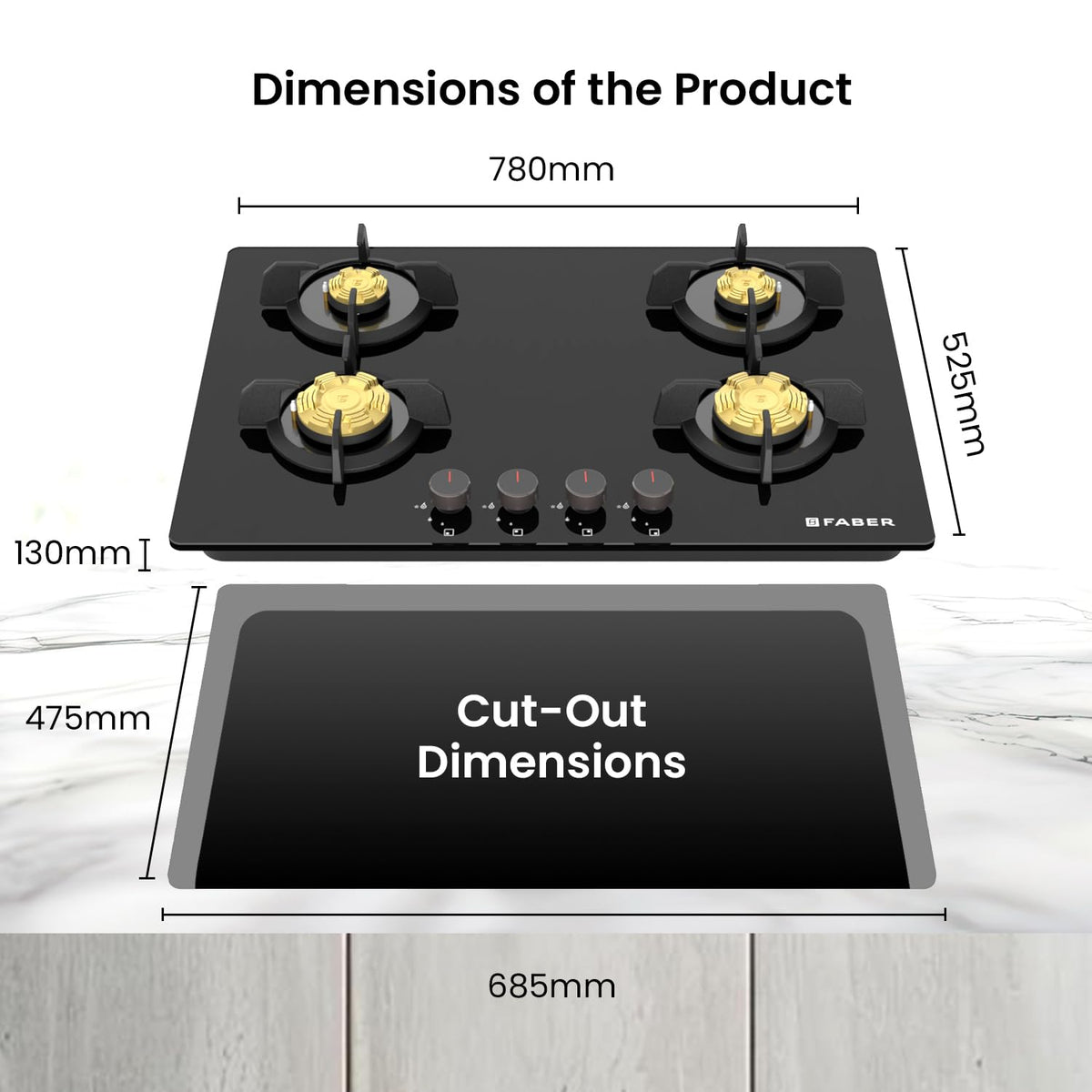Faber 4 Burner 78Cm HOB |Auto Ignition| HOB PRIME HT784 CRS BR CI AI |Metal Knobs| Cast Iron Pan Support|HOB/Cooktop Hyb