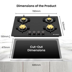 Faber 4 Burner 78Cm HOB |Auto Ignition| HOB PRIME HT784 CRS BR CI AI |Metal Knobs| Cast Iron Pan Support|HOB/Cooktop Hyb