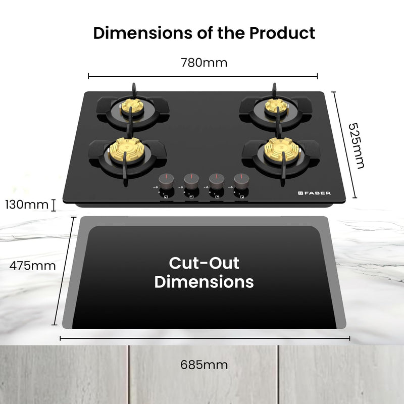 Faber 4 Burner 78Cm HOB |Auto Ignition| HOB PRIME HT784 CRS BR CI AI |Metal Knobs| Cast Iron Pan Support|HOB/Cooktop Hyb
