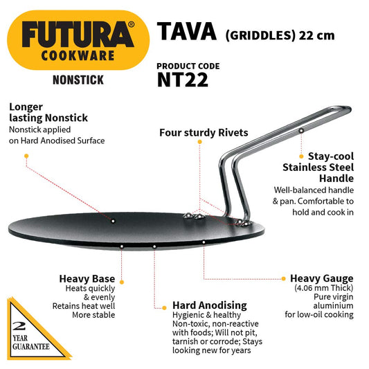 Hawkins Futura 22 cm Tava, Non Stick Tawa with Stainless Steel Handle, Black (NT22).