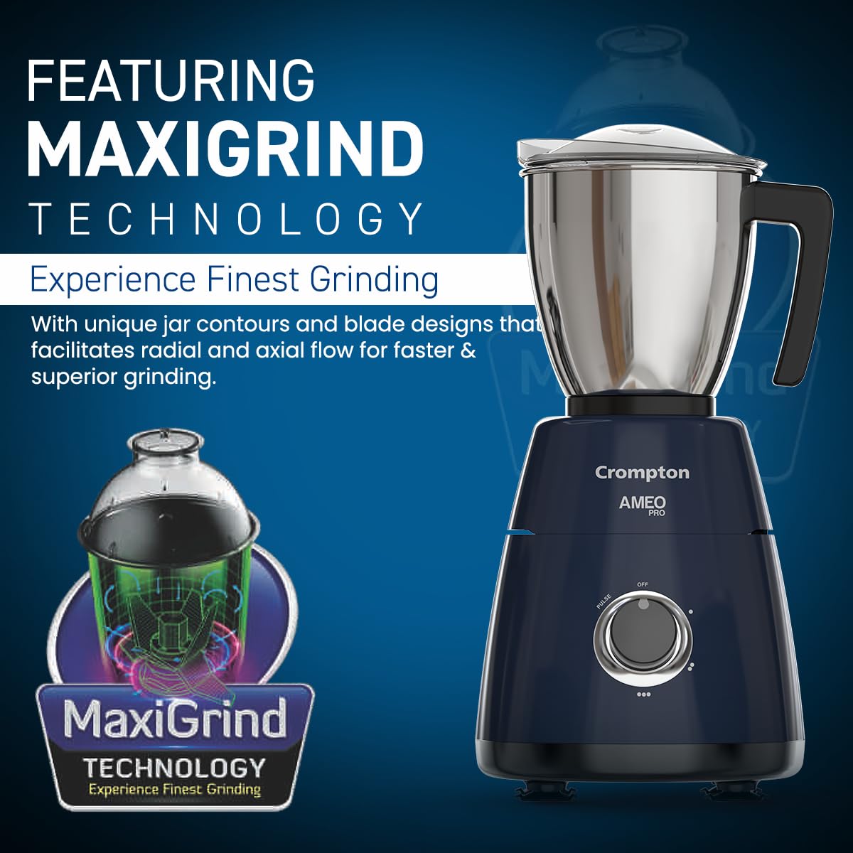 Crompton Ameo Pro 750W 3 Jar | Mixer Grinder | MaxiGrind | Motor Vent-X Technology |3 Stainless Steel Jars and 1 Juicer Jar | Black & Blue
