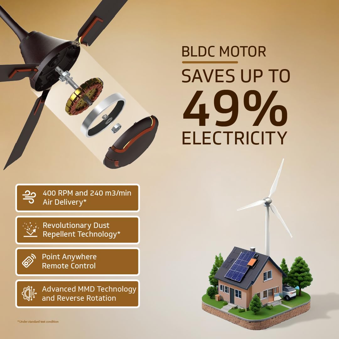 V-Guard Exado Pro ES BLDC Ceiling Fan | Remote Control | Anti Dust Coating | BEE 5 Star Rating | 400 RPM | 100% Copper Motor | 1.2M (Elegance Brown Matte), 1.2 Metres