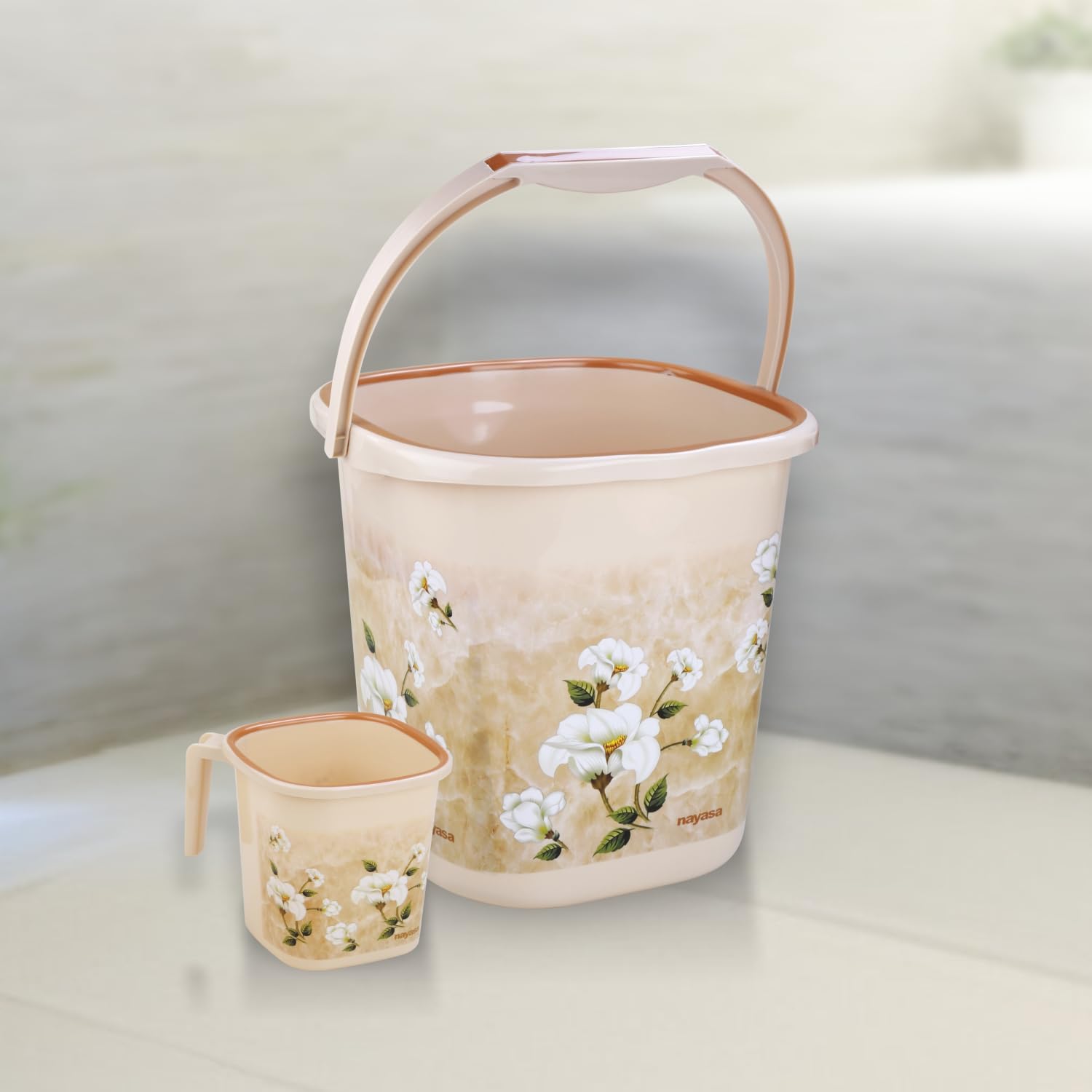 Nayasa Square Ring Marble Plastic Bucket Set for Bathroom | Bucket and Mug (18 Liters & 1.5 Liters) | Bathroom Set of 2 | Bathroom Accessories Set | Grey