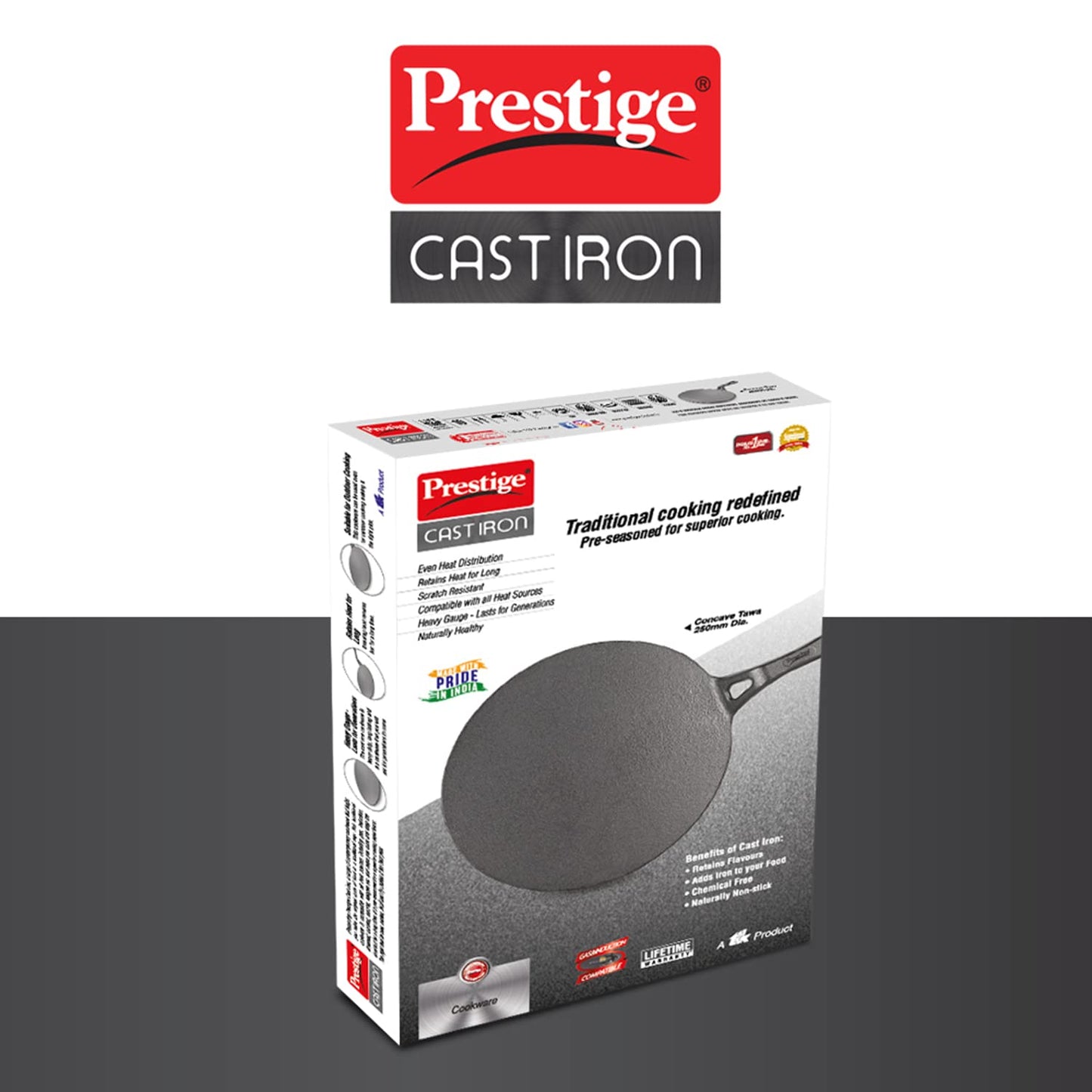Prestige Cast Iron Concave Tawa, 250 mm (Black)