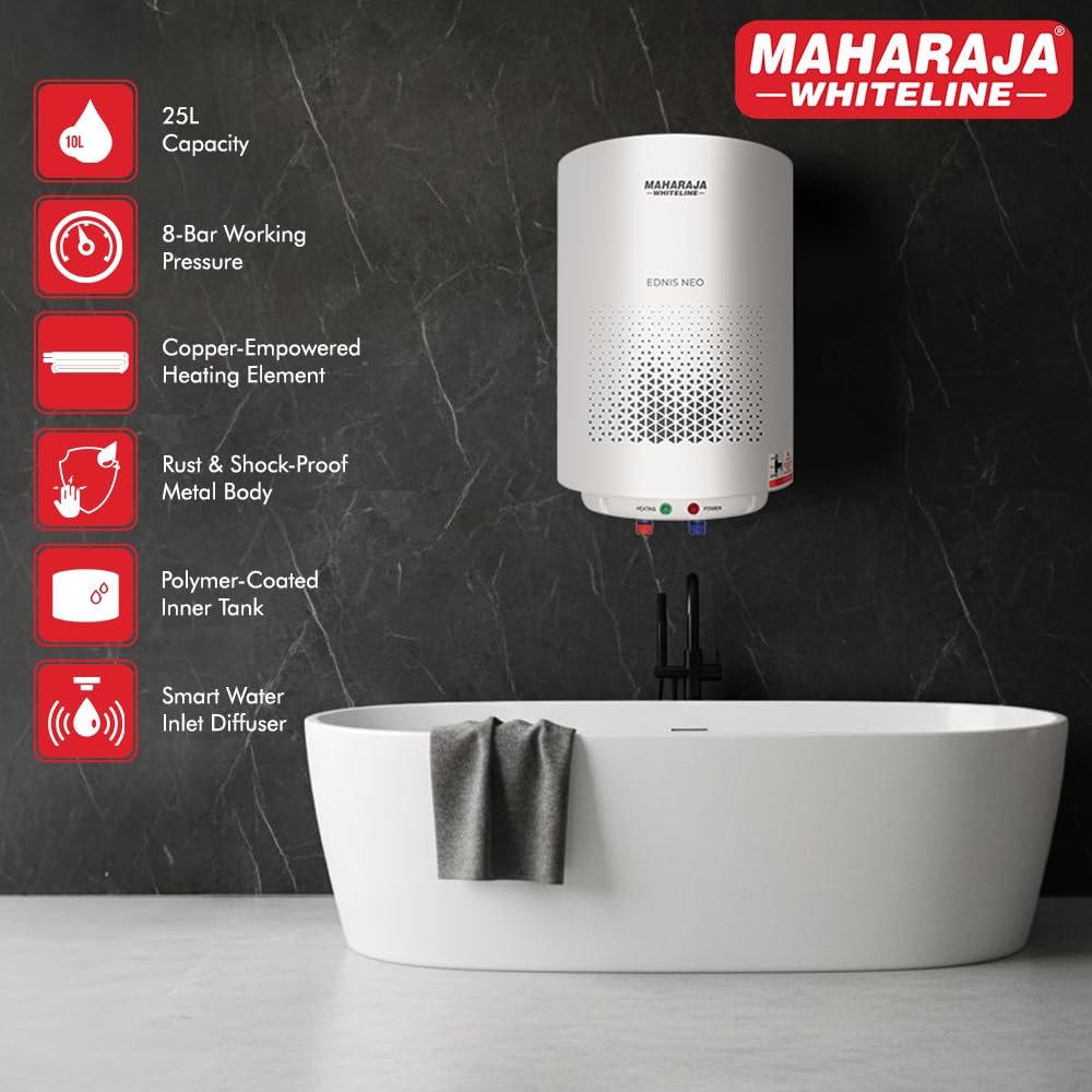 Maharaja Whiteline Energy Efficient Water Heater EDNIS NEO 25L | 4-Star Rated with Polymer-Coated Inner Tank, Smart Inlet Diffuser & Durable Metal Body | Long-Lasting Design with 5-Year Tank Warranty