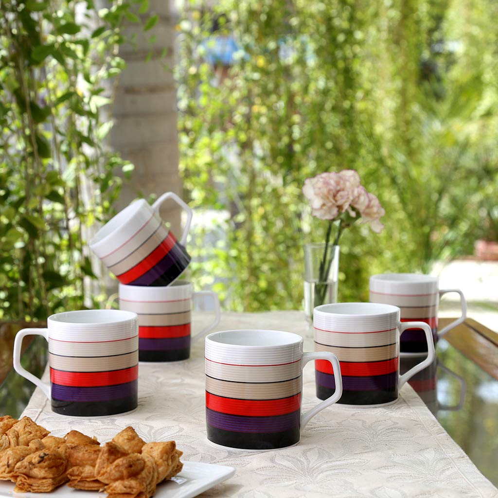Clay Craft Director Hilton 389 Bone China Coffee Mug Set (Multicolour, 220ml/6.6cm, Set of 6) and Masala Chai, Coffee, Milk Mug (390ml/8.4cm)