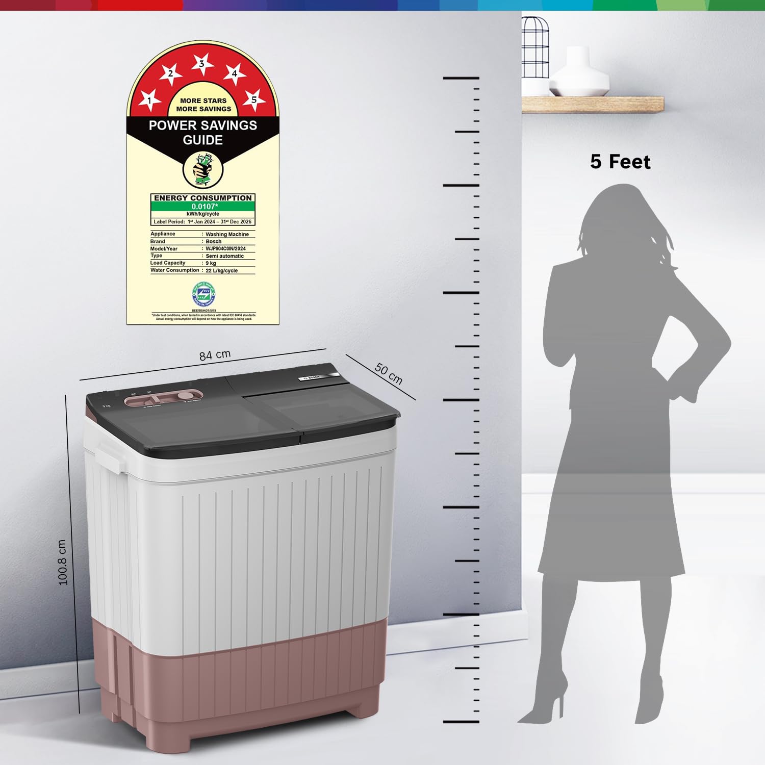 Bosch 9 kg 5 Star Semi-Automatic Top Loading Washing Machine (2025 Model, WJP904C0IN, 3 Wash Programs, Anti-Rust Body, 1300 RPM Spin Speed, Wine, 5 Years Comprehensive Warranty)