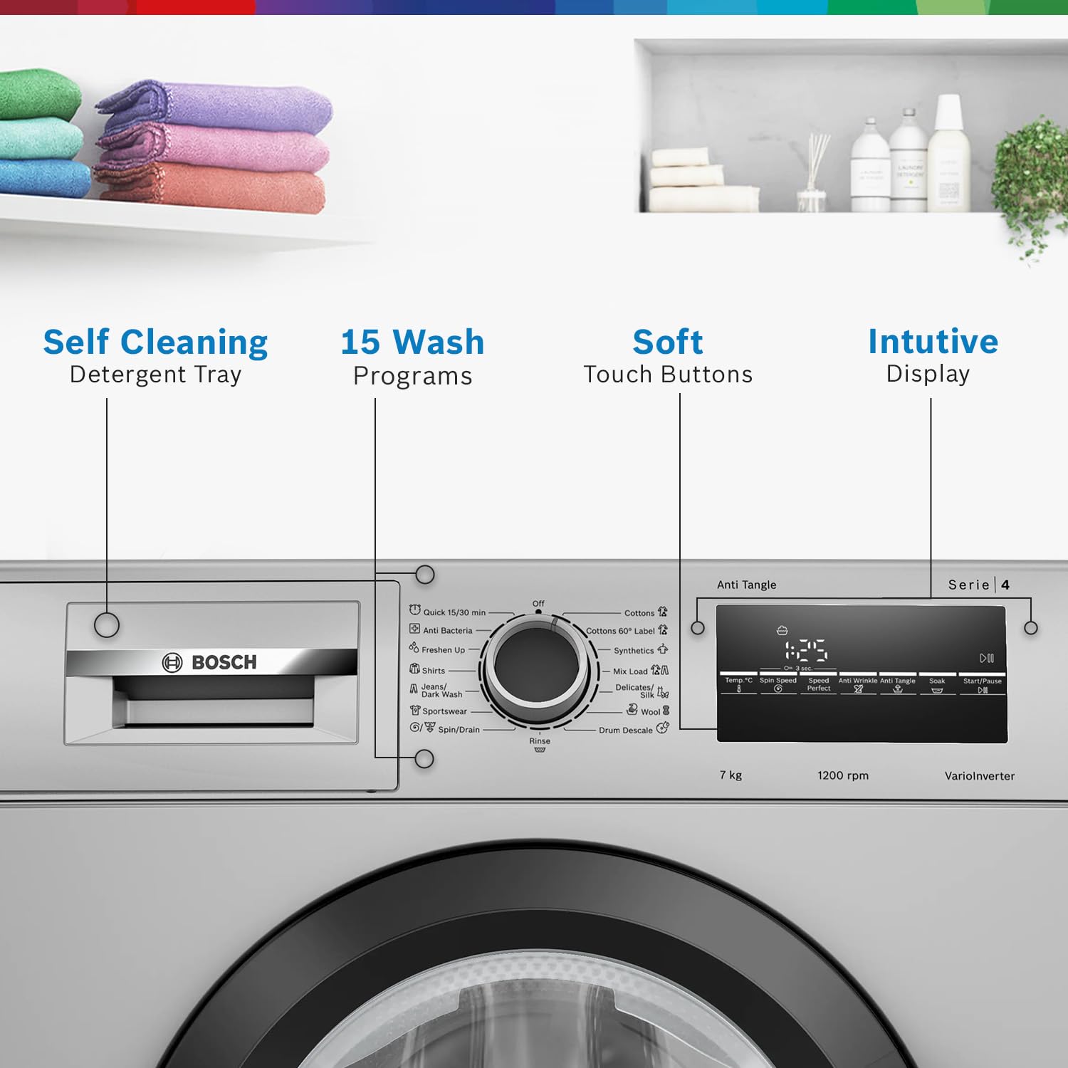Bosch 7 kg, 5 Star, AI active water+, Anti-Wrinkle, Anti-Tangle, Anti Bacteria Steam, Fully-Automatic Front Loading Washing Machine (WAJ24266IN, In-Built Heater, Silver)