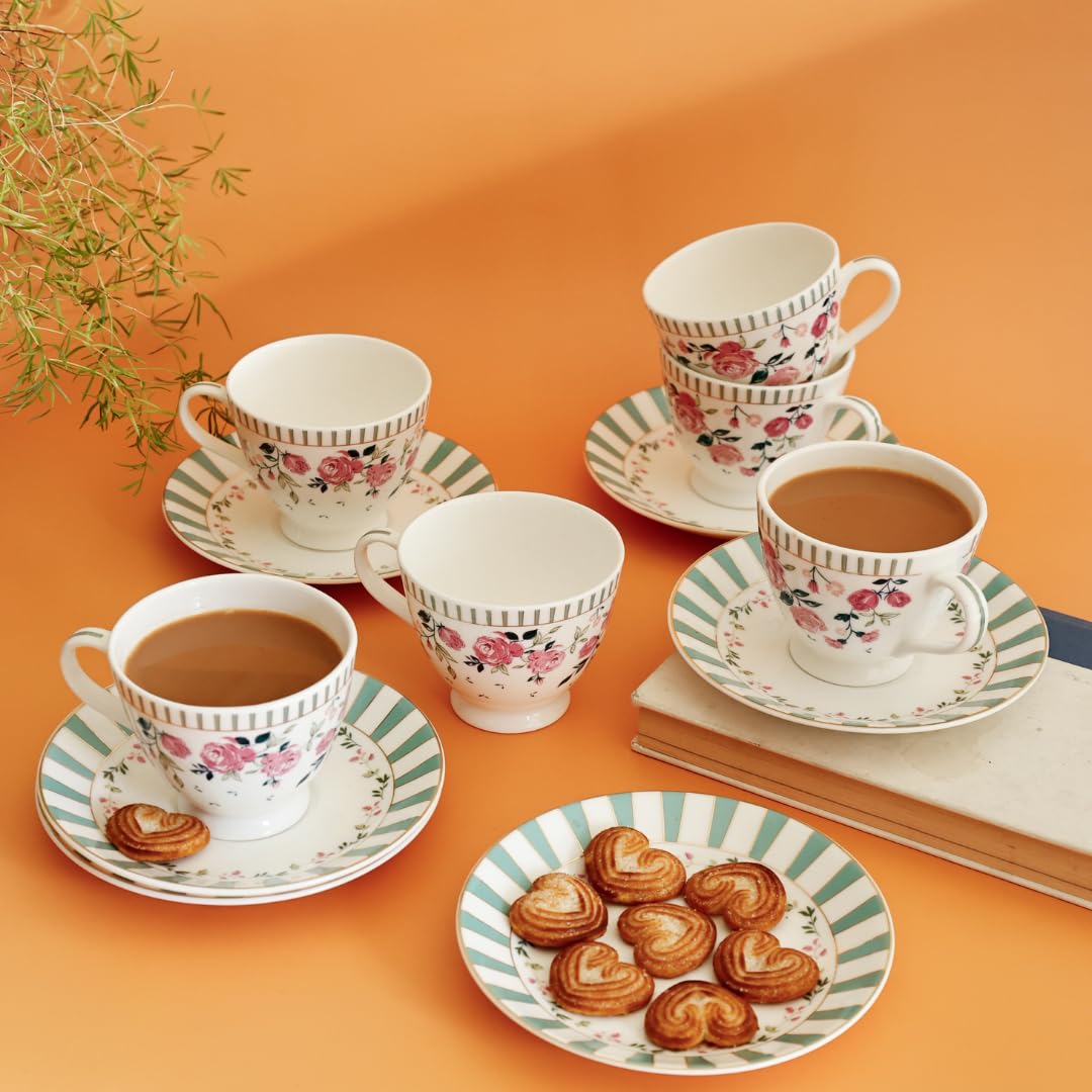 Magique by The Wishing Chair x ClayCraft : Portrait of a Rose Tea Cups & Saucers Set of 6 | 180 ml Fine Ceramic Floral Cups | Elegant Glossy Finish | Ideal for Gifting & Home Use