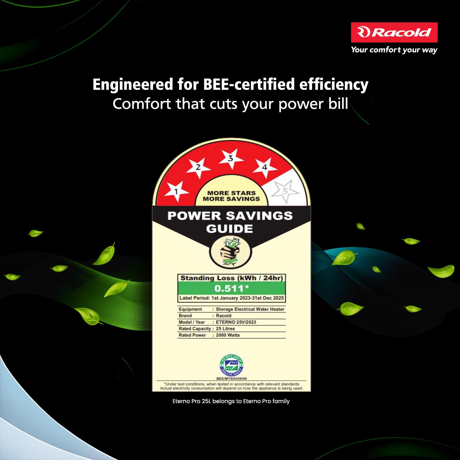 Racold Eterno Pro Storage Water Heater (Geyser) 25L with ABS Body – Corrosion Prevention with Titanium Enameled Coating, 7 Yrs Warranty on Tank, Energy Efficient, Free Standard Installation & Pipes
