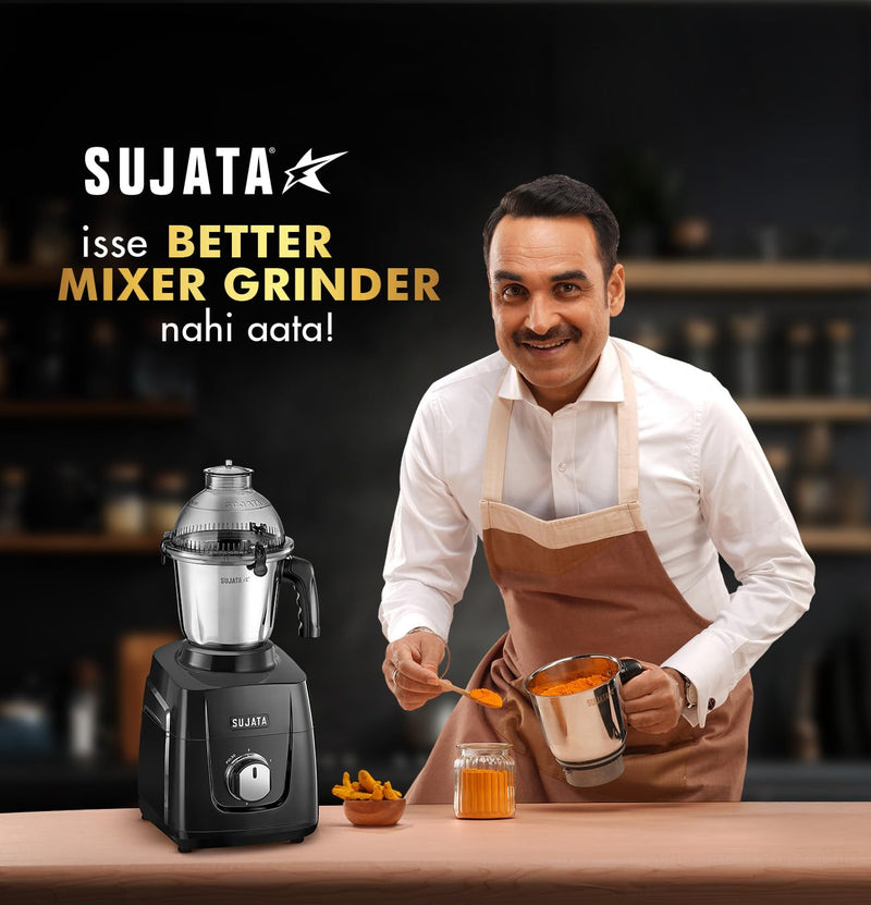 Sujata MG03 Mixer Grinder|1000 Watts Double Ball Bearing Motor|24000 RPM|Non-Stop 90 Mins Running|4 Jars including 1750ml Blender with Coconut Milk Extractor, 1500ml, 1000ml, 500ml Jar| (Black)