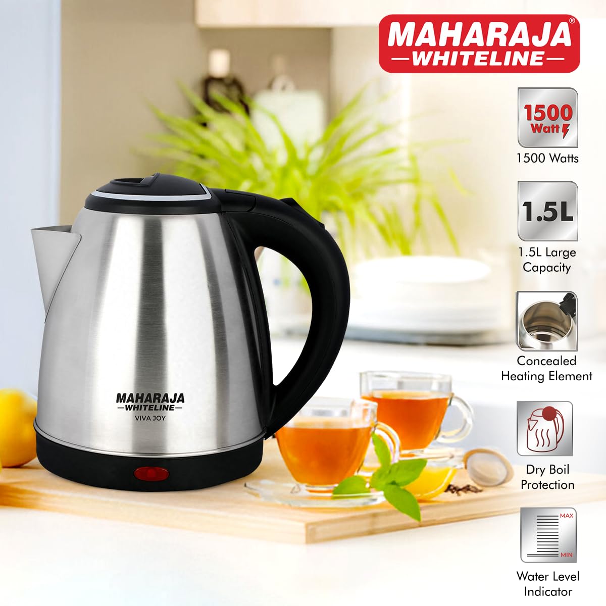 Maharaja Whiteline Viva Joy 1500 Watt Stainless Steel Electric Kettle | 1.5 Litres | Auto Shut Off- White