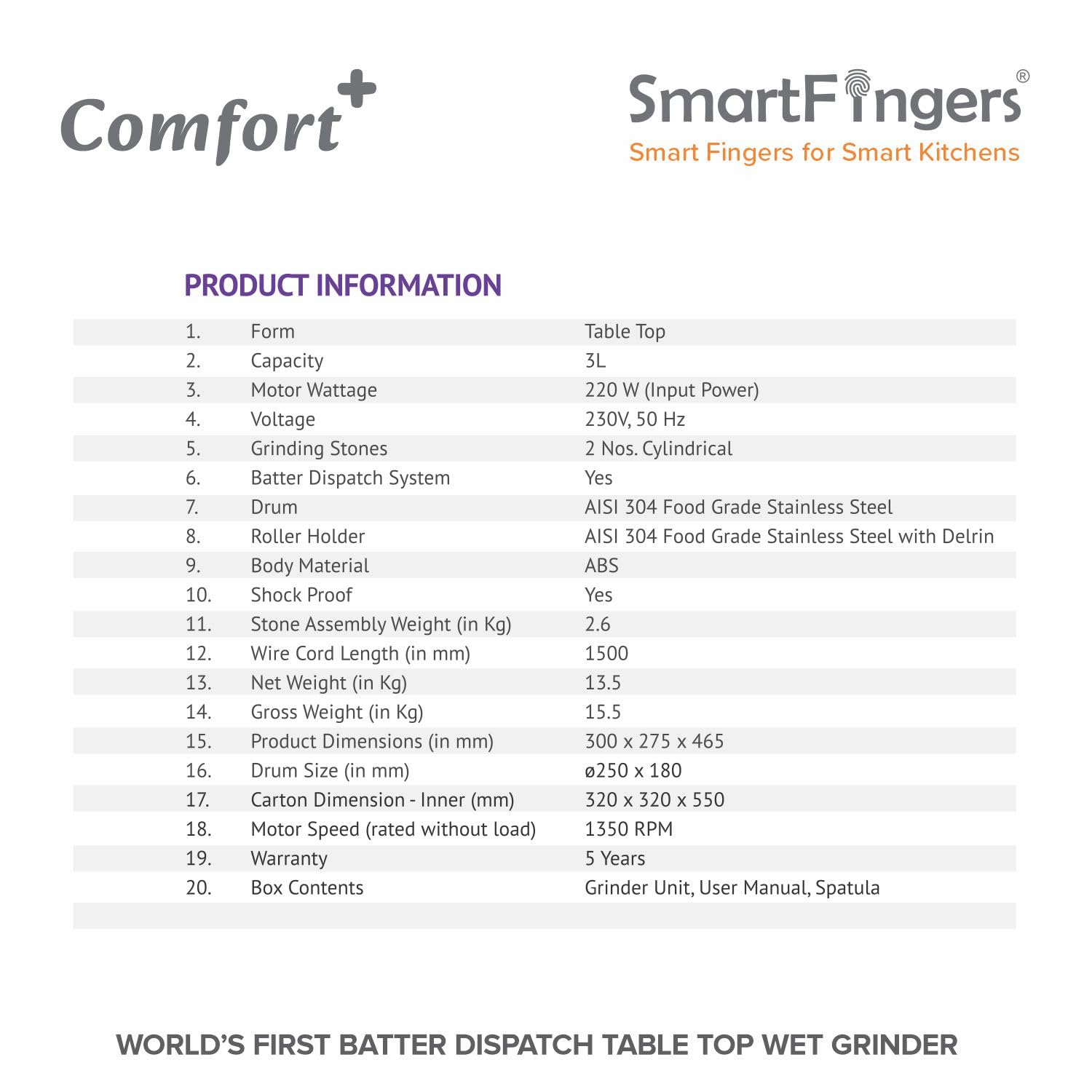 SmartFingers Comfort + Table Top Wet Grinder 230V, 3 Liter, Violet with Coconut Scrapper & Atta Kneader Attachment | Hands-Free Batter Dispenser | Top Wiper, 220W Motor | 5 Years Warranty | AISI 304