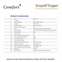SmartFingers Comfort + Table Top Wet Grinder 230V, 3 Liter, Violet with Coconut Scrapper & Atta Kneader Attachment | Hands-Free Batter Dispenser | Top Wiper, 220W Motor | 5 Years Warranty | AISI 304