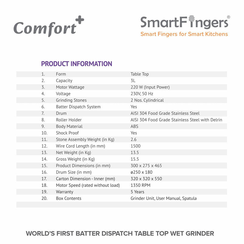 SmartFingers Comfort + Table Top Wet Grinder 230V, 3 Liter, Violet with Coconut Scrapper & Atta Kneader Attachment | Hands-Free Batter Dispenser | Top Wiper, 220W Motor | 5 Years Warranty | AISI 304