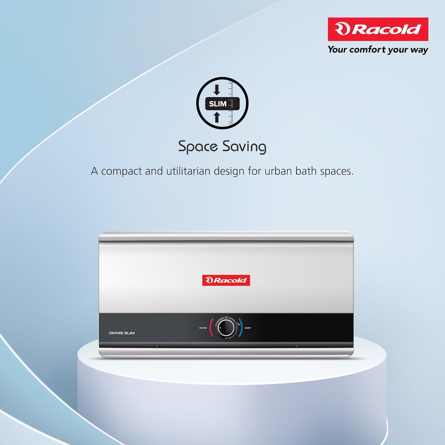 Racold Omnis Slim 15L Horizontal Energy Efficient Storage Water Heater (Geyser) With Free Standard Installation & Pipes |Italian Design| Shower Ready Indicator | Suitable For High Rise Buildings