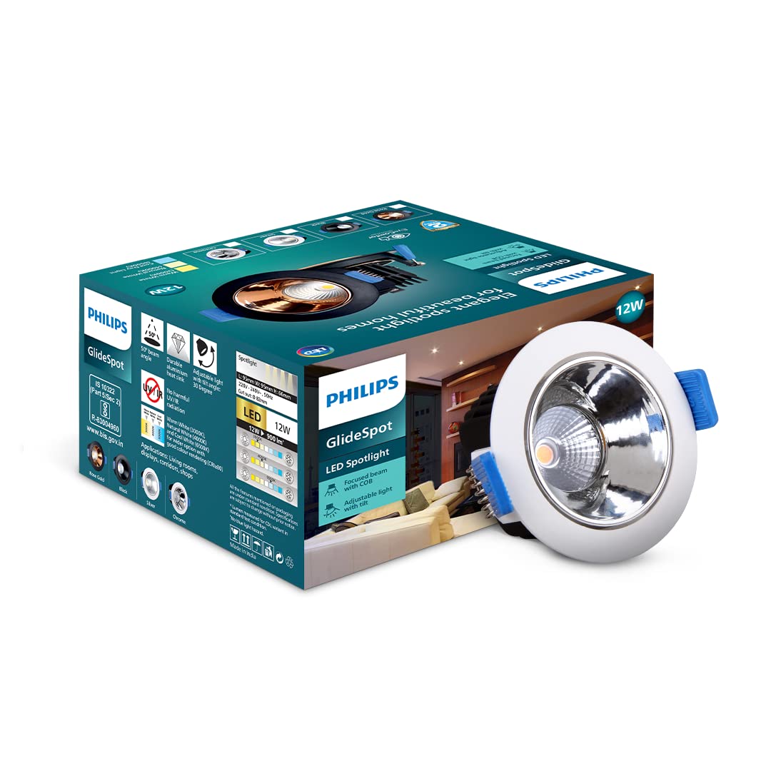 Philips 12 Watt Chrome Reflector LED Ceiling COB Round Spot Light with Adjustable Tilt (Pack of 2)