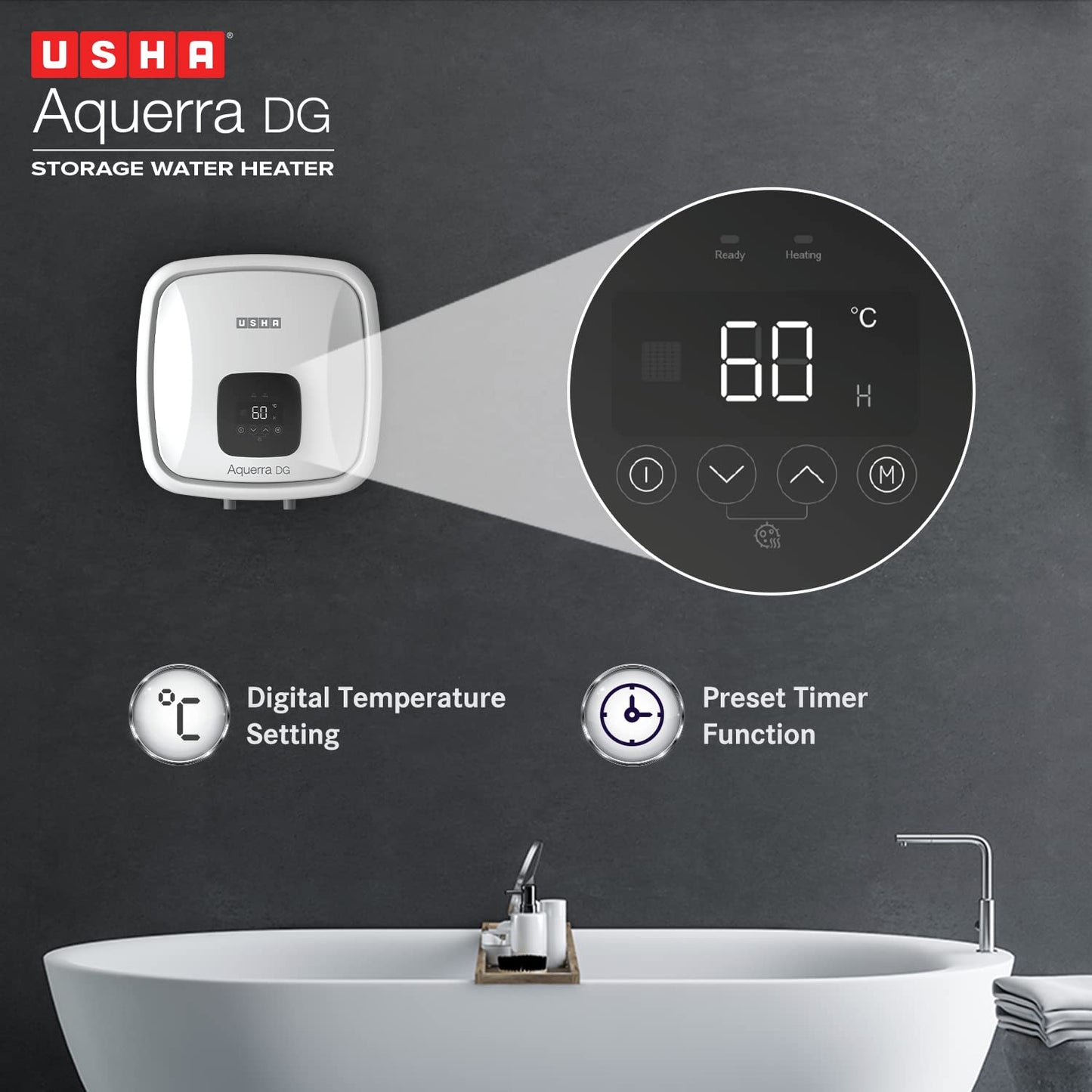 Usha Aquerra DG 25 Litre 5 Star Digital Storage Water Heater with Remote (White), Wall Mounting
