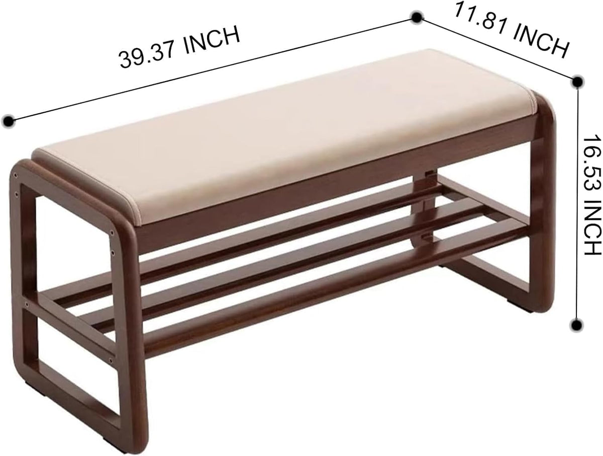 Mid-Century Elegant Wooden Shoe Bench with Padded Seat – 2-Tier Shoe Rack for Entryway, Living Room, or Bedroom