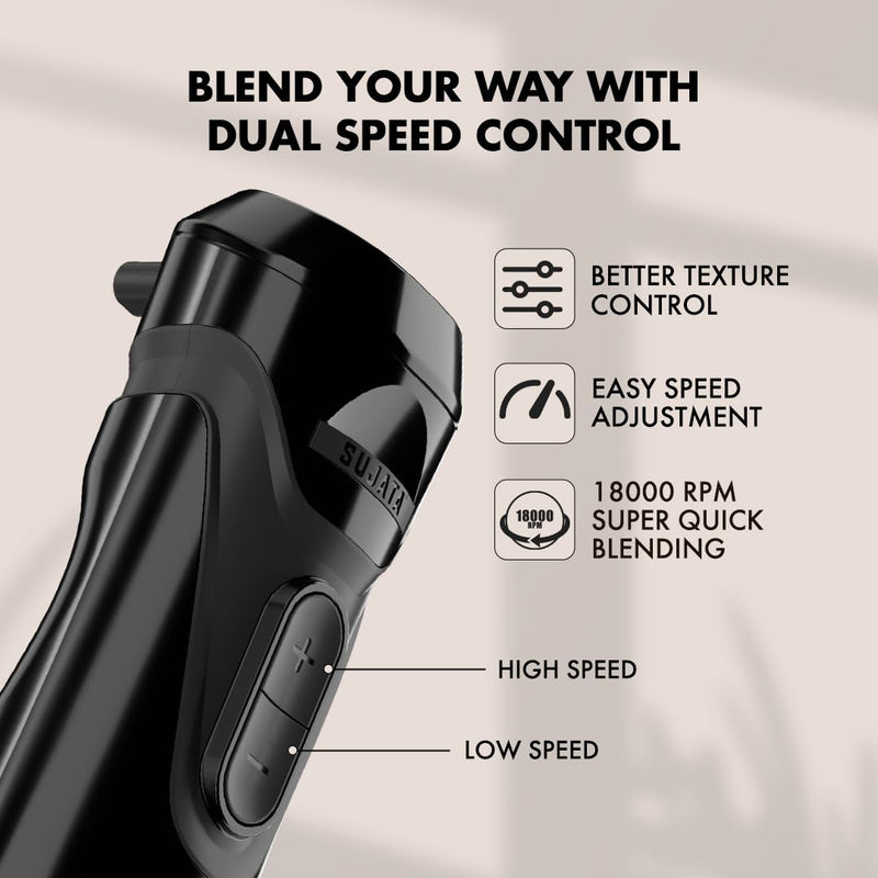 Sujata Blendstick 600W Hand Blender | 18000 RPM, Stainless Steel Shaft, Detachable Stick - Dual Speed / Black
