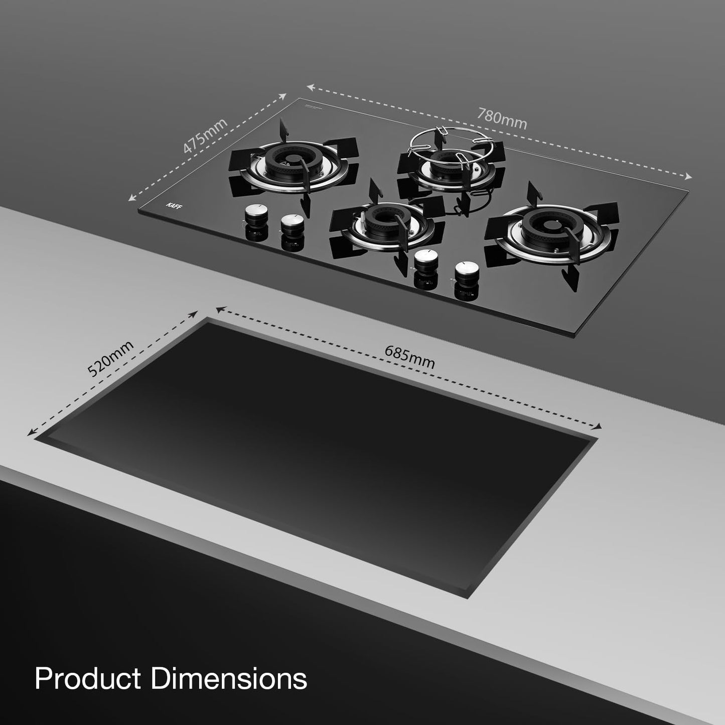KAFF HBR 784 Built-in Hob/Hobtop 4 Burners, Auto Electric Ignition Glass Top, 78 CM, Powerful Brass Burners, 8 MM Thick Toughened Glass, Enamelled Matt Grills (Black)