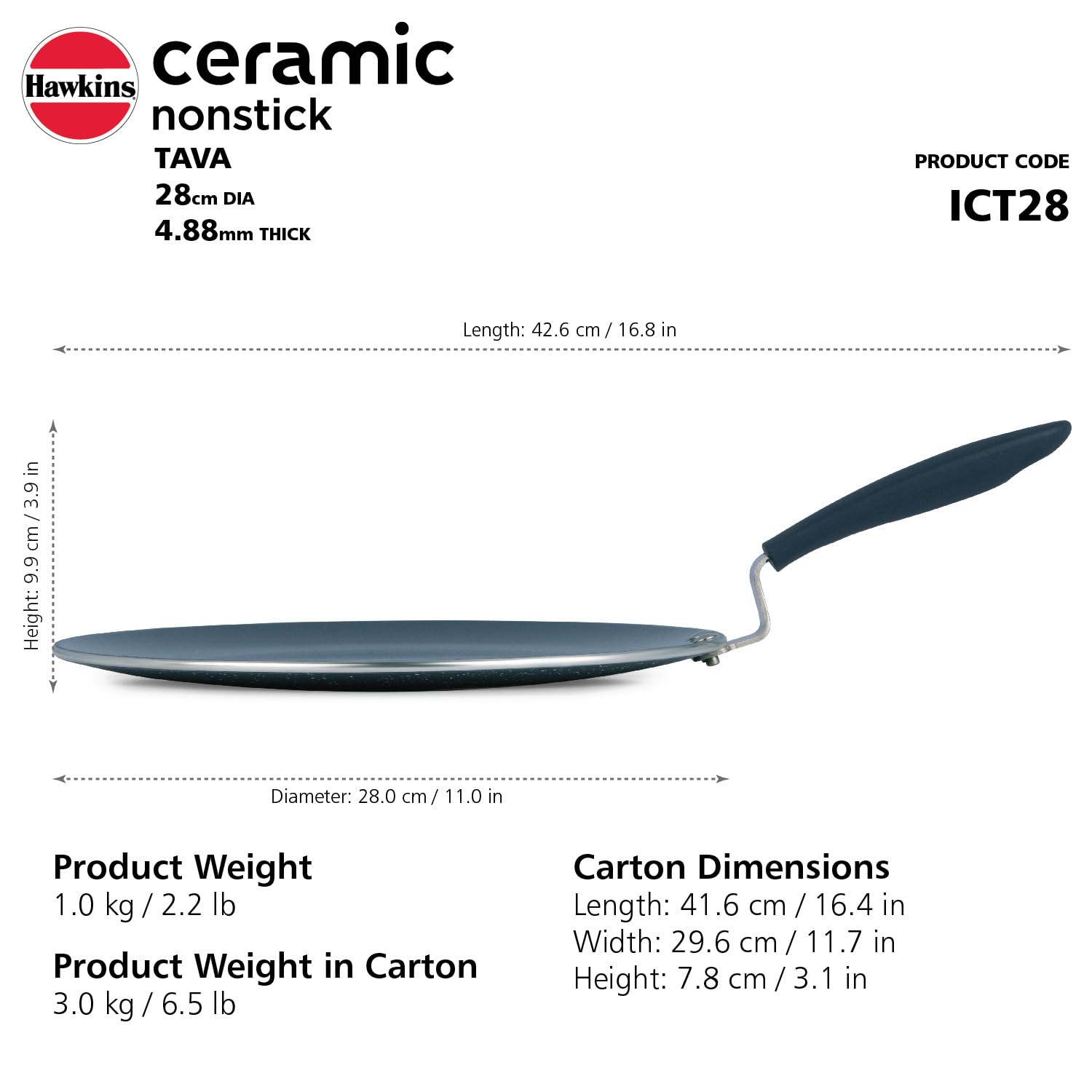 Hawkins Ceramic Nonstick Tava, 28 cm Diameter, Induction Paratha Tawa, Granite Griddle (ICT28)